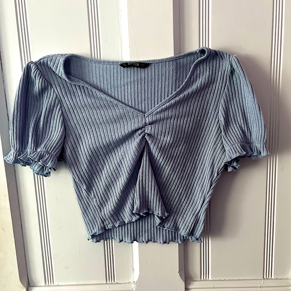 Shein blue puff sleeve crop top